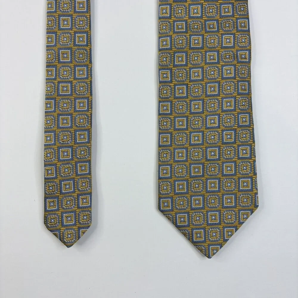 Brooks Brothers Silk Tie yellow blue, Makers And Merchants, geometric, vintage